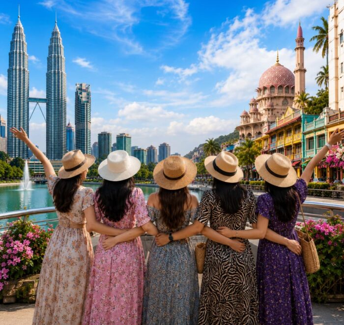 Group of women enjoying a premium Malaysia city tour with the Petronas Twin Towers, tropical gardens, and elegant urban scenery.
