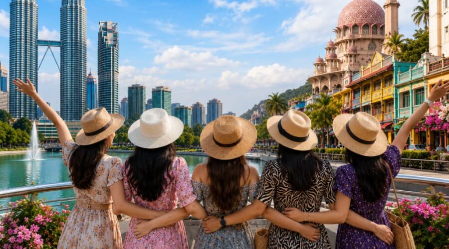 Group of women enjoying a premium Malaysia city tour with the Petronas Twin Towers, tropical gardens, and elegant urban scenery.