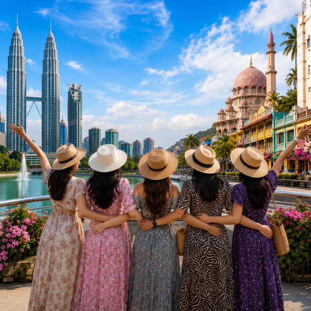 Group of women enjoying a premium Malaysia city tour with the Petronas Twin Towers, tropical gardens, and elegant urban scenery.