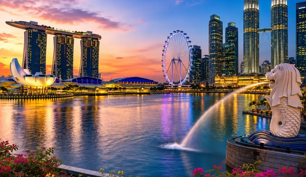 Luxury Malaysia and Singapore tour featuring the Petronas Twin Towers, Marina Bay skyline, tropical greenery, and elegant waterfront scenery.