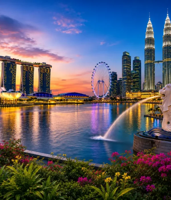 Luxury Malaysia and Singapore tour featuring the Petronas Twin Towers, Marina Bay skyline, tropical greenery, and elegant waterfront scenery.