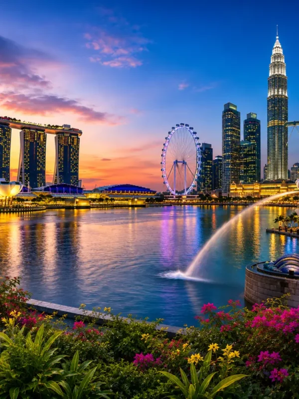 Luxury Malaysia and Singapore tour featuring the Petronas Twin Towers, Marina Bay skyline, tropical greenery, and elegant waterfront scenery.