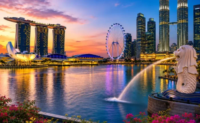 Luxury Malaysia and Singapore tour featuring the Petronas Twin Towers, Marina Bay skyline, tropical greenery, and elegant waterfront scenery.
