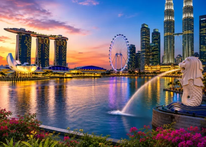 Luxury Malaysia and Singapore tour featuring the Petronas Twin Towers, Marina Bay skyline, tropical greenery, and elegant waterfront scenery.