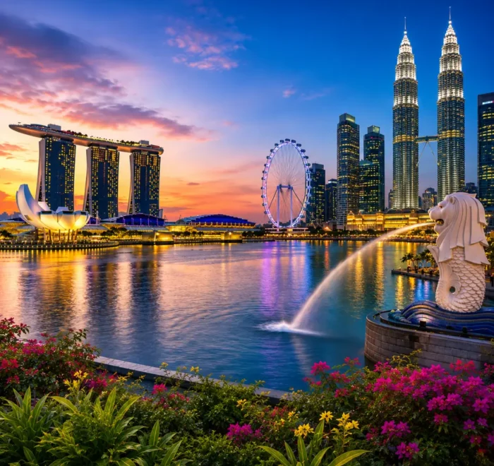 Luxury Malaysia and Singapore tour featuring the Petronas Twin Towers, Marina Bay skyline, tropical greenery, and elegant waterfront scenery.