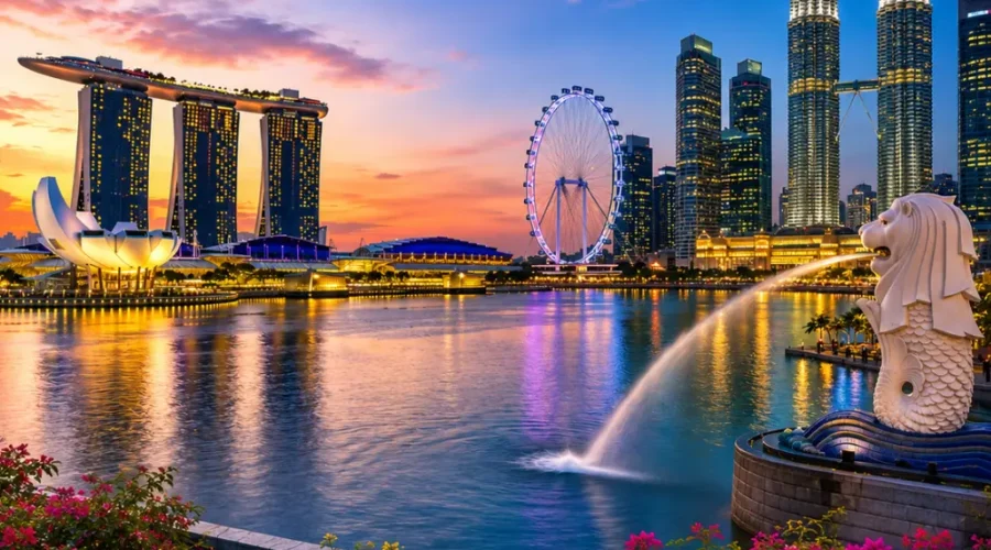 Luxury Malaysia and Singapore tour featuring the Petronas Twin Towers, Marina Bay skyline, tropical greenery, and elegant waterfront scenery.