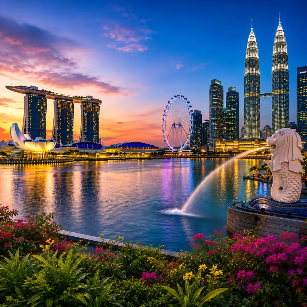 Luxury Malaysia and Singapore tour featuring the Petronas Twin Towers, Marina Bay skyline, tropical greenery, and elegant waterfront scenery.