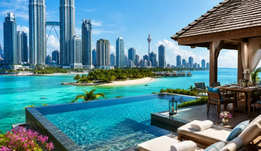 Luxury Malaysia travel scene with Kuala Lumpur skyline, elegant tropical resort, infinity pool, and lush greenery.
