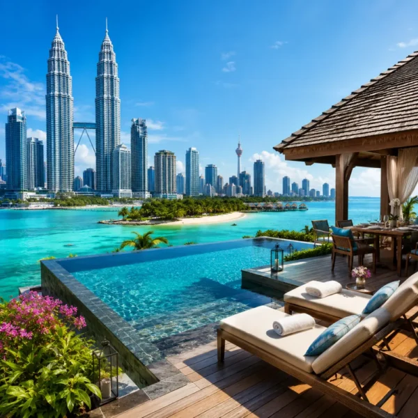 Luxury Malaysia travel scene with Kuala Lumpur skyline, elegant tropical resort, infinity pool, and lush greenery.