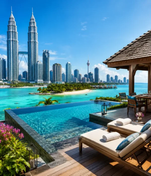 Luxury Malaysia travel scene with Kuala Lumpur skyline, elegant tropical resort, infinity pool, and lush greenery.