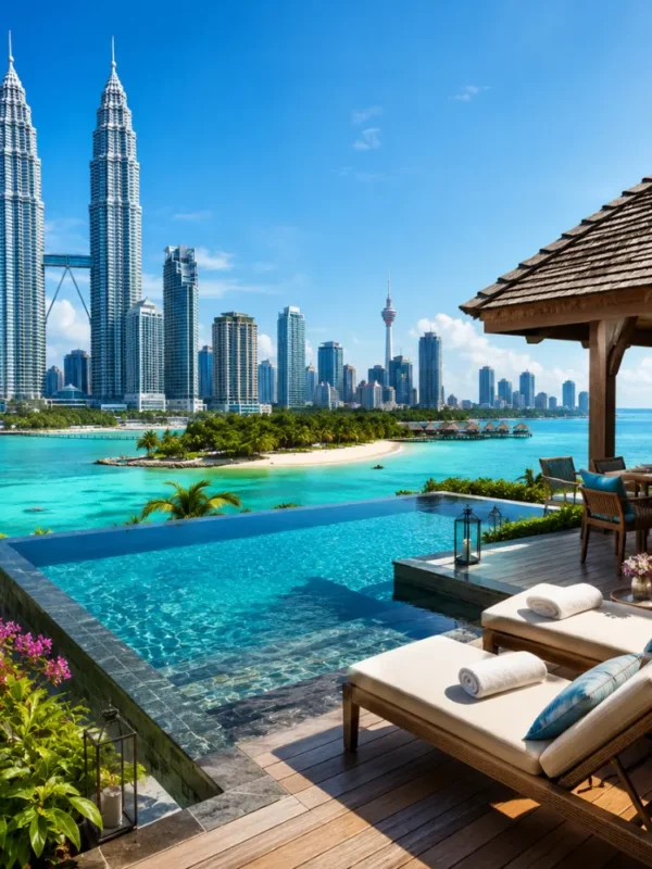 Luxury Malaysia travel scene with Kuala Lumpur skyline, elegant tropical resort, infinity pool, and lush greenery.