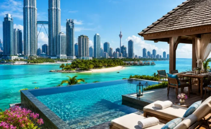 Luxury Malaysia travel scene with Kuala Lumpur skyline, elegant tropical resort, infinity pool, and lush greenery.