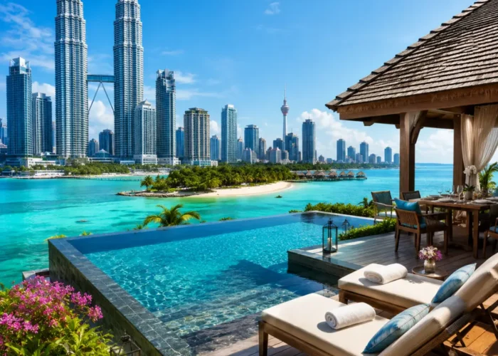 Luxury Malaysia travel scene with Kuala Lumpur skyline, elegant tropical resort, infinity pool, and lush greenery.