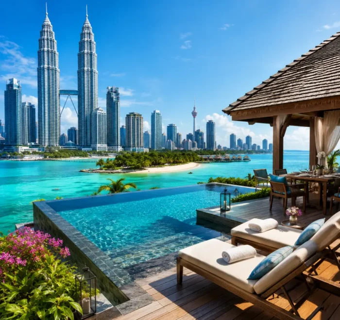 Luxury Malaysia travel scene with Kuala Lumpur skyline, elegant tropical resort, infinity pool, and lush greenery.