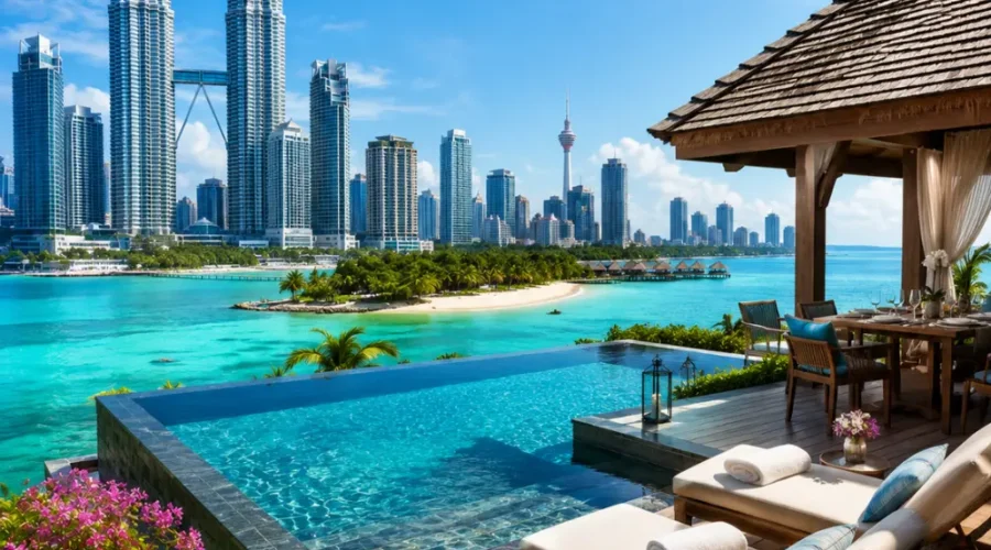 Luxury Malaysia travel scene with Kuala Lumpur skyline, elegant tropical resort, infinity pool, and lush greenery.