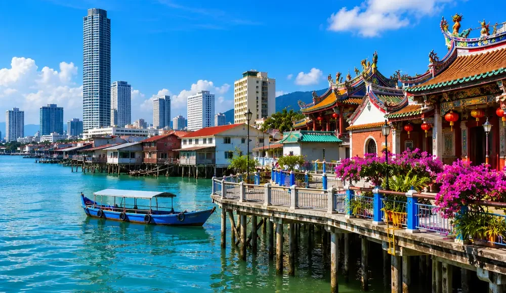 Premium Penang travel view featuring George Town’s waterfront, heritage architecture, tropical greenery, and Penang’s coastal skyline.