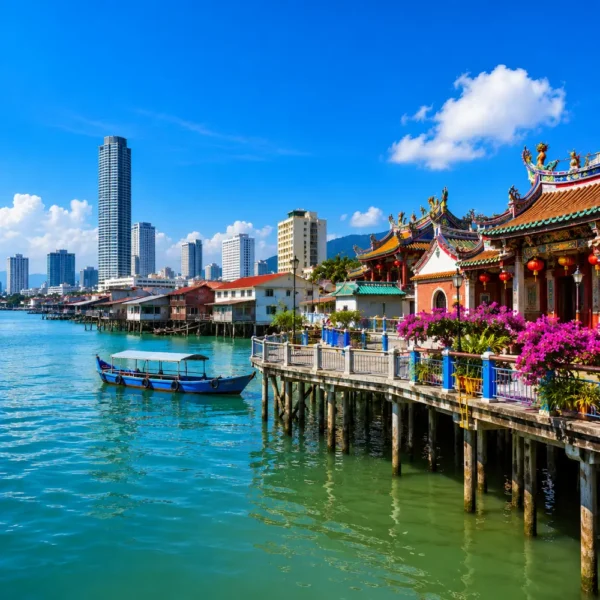 Premium Penang travel view featuring George Town’s waterfront, heritage architecture, tropical greenery, and Penang’s coastal skyline.