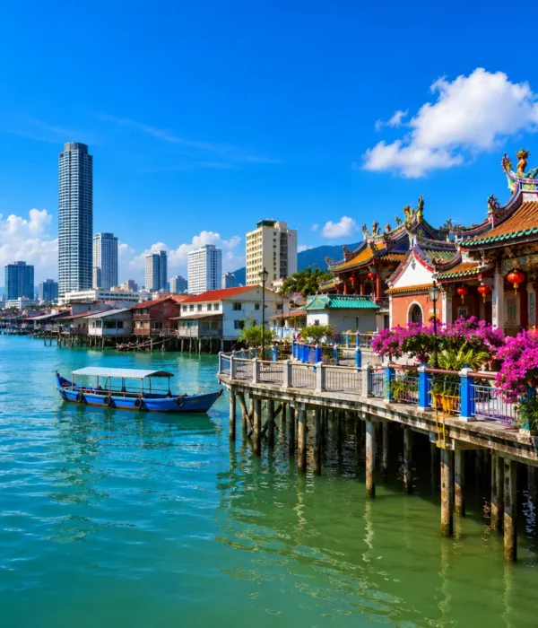 Premium Penang travel view featuring George Town’s waterfront, heritage architecture, tropical greenery, and Penang’s coastal skyline.