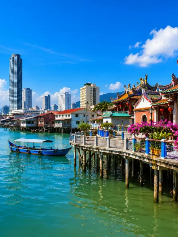 Premium Penang travel view featuring George Town’s waterfront, heritage architecture, tropical greenery, and Penang’s coastal skyline.