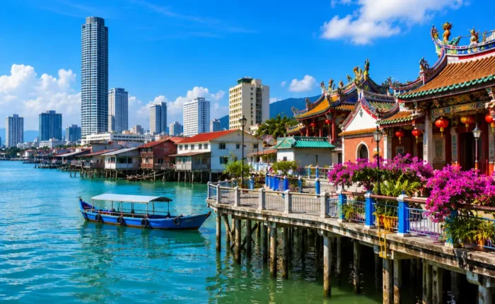 Premium Penang travel view featuring George Town’s waterfront, heritage architecture, tropical greenery, and Penang’s coastal skyline.