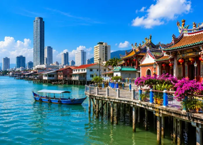 Premium Penang travel view featuring George Town’s waterfront, heritage architecture, tropical greenery, and Penang’s coastal skyline.