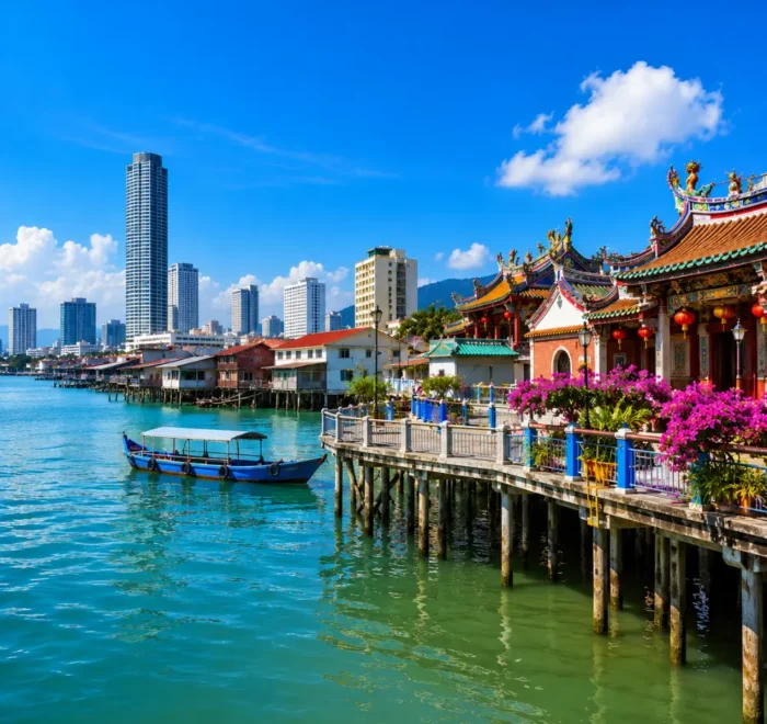 Premium Penang travel view featuring George Town’s waterfront, heritage architecture, tropical greenery, and Penang’s coastal skyline.