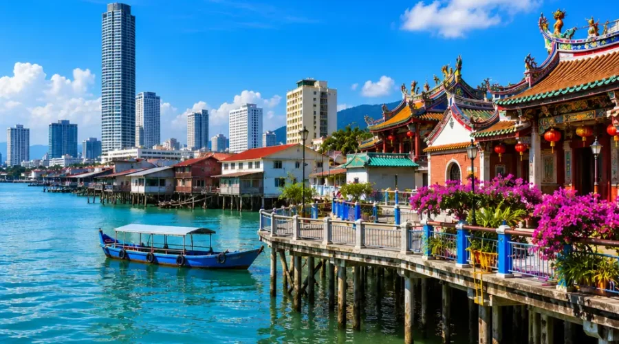 Premium Penang travel view featuring George Town’s waterfront, heritage architecture, tropical greenery, and Penang’s coastal skyline.