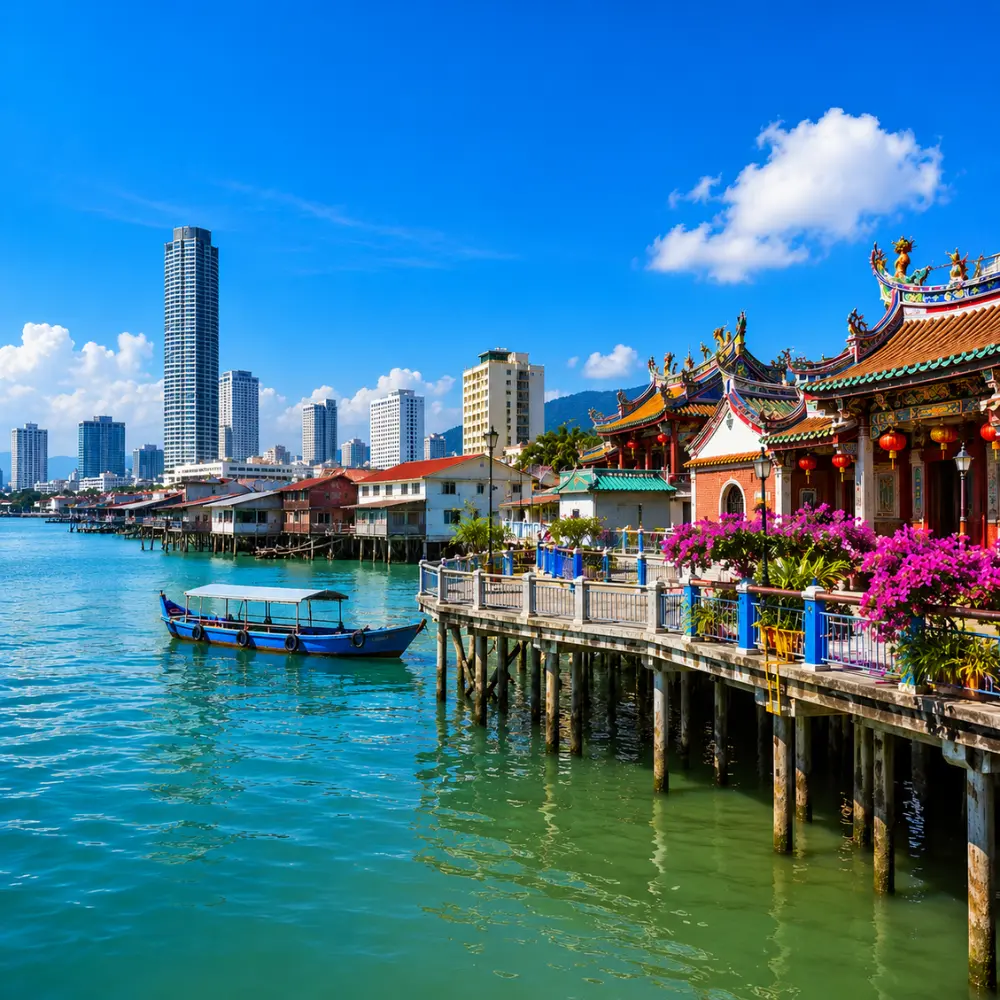 Premium Penang travel view featuring George Town’s waterfront, heritage architecture, tropical greenery, and Penang’s coastal skyline.