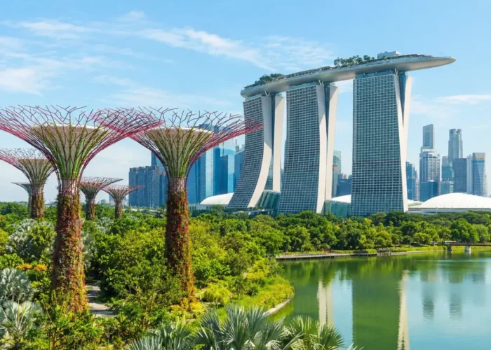 Marina Bay and Gardens by the Bay in Singapore with Supertree Grove, waterfront skyline, and clear morning light.