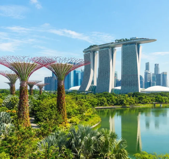 Marina Bay and Gardens by the Bay in Singapore with Supertree Grove, waterfront skyline, and clear morning light.