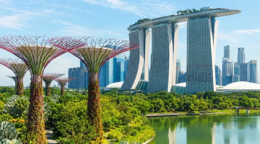 Marina Bay and Gardens by the Bay in Singapore with Supertree Grove, waterfront skyline, and clear morning light.