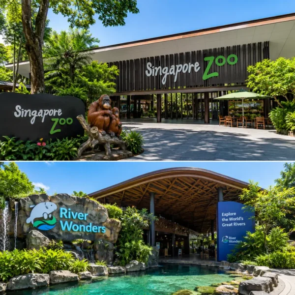 Singapore Zoo and River Wonders with lush rainforest greenery, calm waterways, and premium wildlife park atmosphere.
