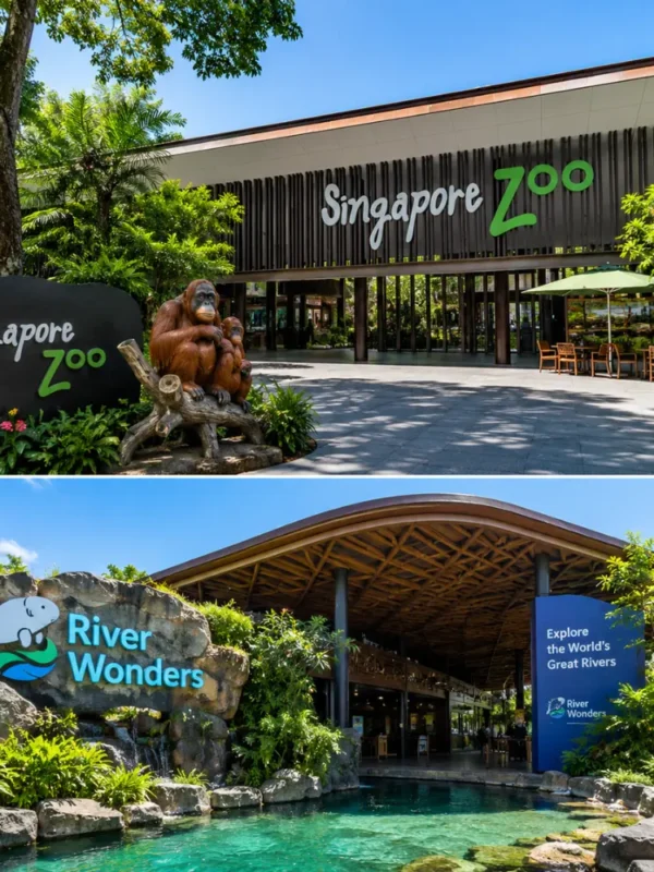 Singapore Zoo and River Wonders with lush rainforest greenery, calm waterways, and premium wildlife park atmosphere.
