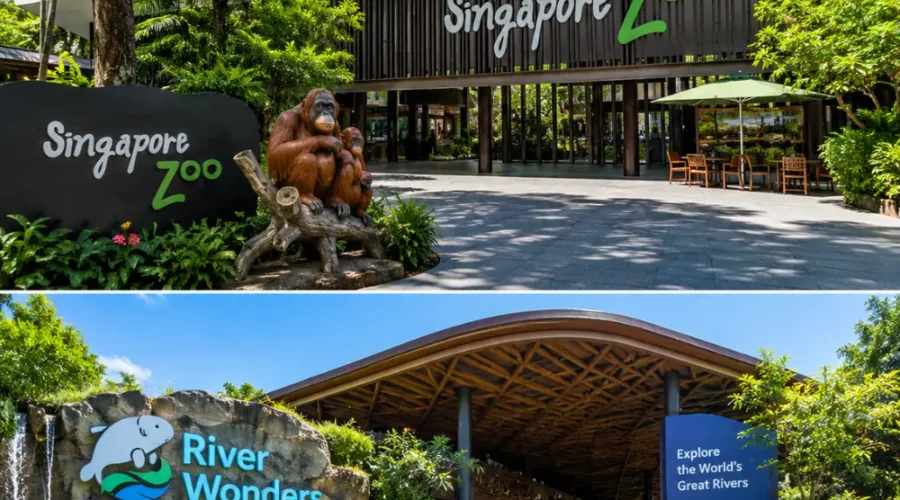 Singapore Zoo and River Wonders with lush rainforest greenery, calm waterways, and premium wildlife park atmosphere.