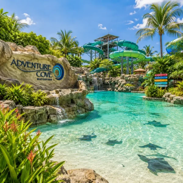 Adventure Cove Waterpark Singapore with tropical pools, water slides, palm trees, and bright morning resort atmosphere.