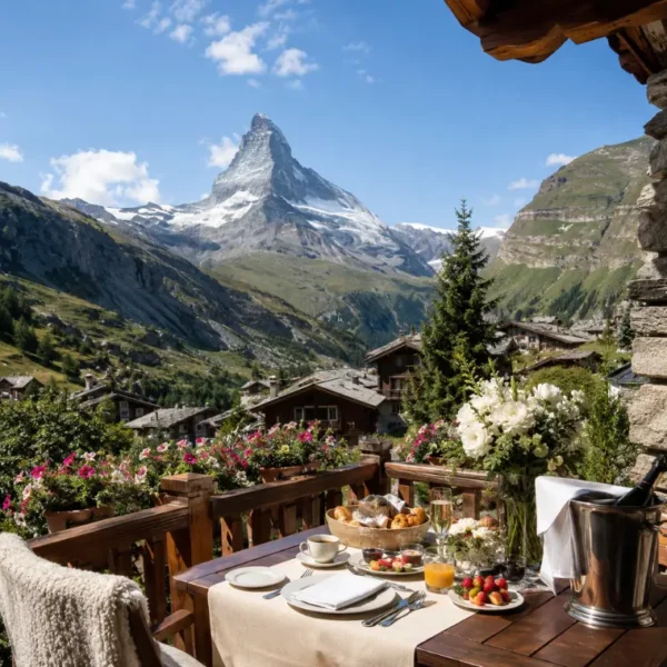 Zermatt honeymoon terrace with Matterhorn mountain view, alpine chalets, flowers, breakfast setup, and clear blue sky.