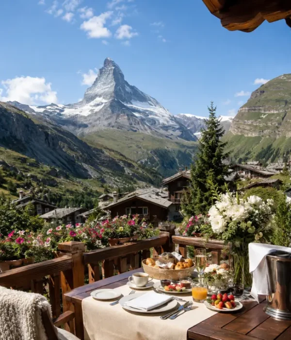 Zermatt honeymoon terrace with Matterhorn mountain view, alpine chalets, flowers, breakfast setup, and clear blue sky.