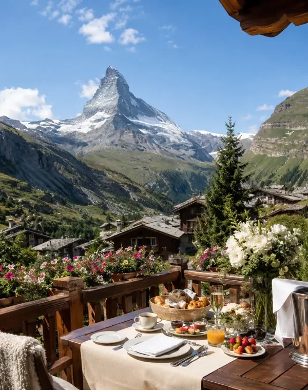 Zermatt honeymoon terrace with Matterhorn mountain view, alpine chalets, flowers, breakfast setup, and clear blue sky.