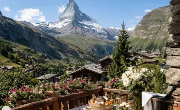 Zermatt honeymoon terrace with Matterhorn mountain view, alpine chalets, flowers, breakfast setup, and clear blue sky.