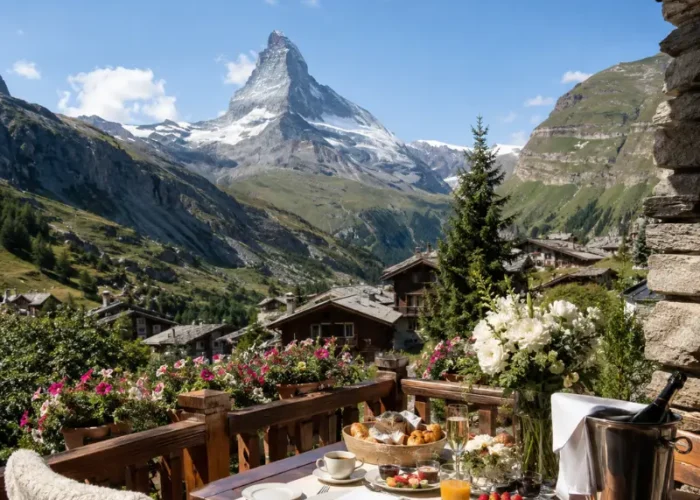 Zermatt honeymoon terrace with Matterhorn mountain view, alpine chalets, flowers, breakfast setup, and clear blue sky.
