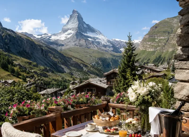 Zermatt honeymoon terrace with Matterhorn mountain view, alpine chalets, flowers, breakfast setup, and clear blue sky.