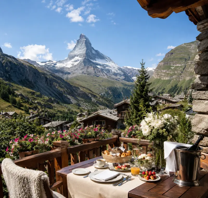 Zermatt honeymoon terrace with Matterhorn mountain view, alpine chalets, flowers, breakfast setup, and clear blue sky.