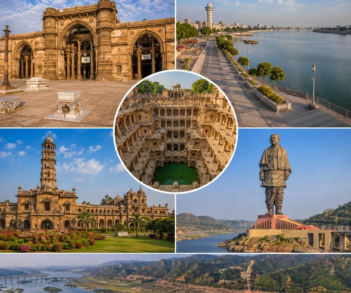 Ahmedabad Statue of Unity Tour Package featuring Statue of Unity, Sabarmati Ashram, Adalaj Stepwell, Akshardham Temple and Sardar Sarovar Dam.