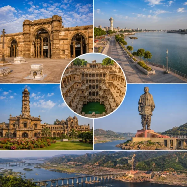Ahmedabad Statue of Unity Tour Package featuring Statue of Unity, Sabarmati Ashram, Adalaj Stepwell, Akshardham Temple and Sardar Sarovar Dam.