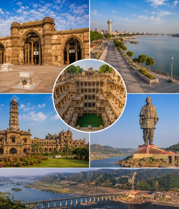 Ahmedabad Statue of Unity Tour Package featuring Statue of Unity, Sabarmati Ashram, Adalaj Stepwell, Akshardham Temple and Sardar Sarovar Dam.