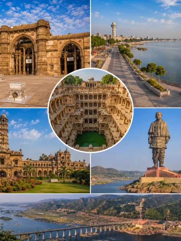 Ahmedabad Statue of Unity Tour Package featuring Statue of Unity, Sabarmati Ashram, Adalaj Stepwell, Akshardham Temple and Sardar Sarovar Dam.