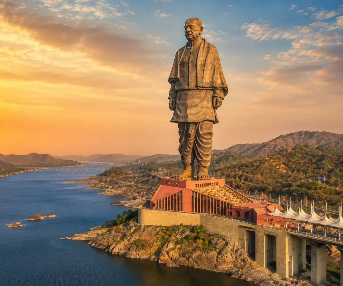 Ahmedabad Vadodara Statue of Unity Tour Package featuring Statue of Unity, Laxmi Vilas Palace, Sabarmati Ashram, Sardar Sarovar Dam and Sayaji Baug.