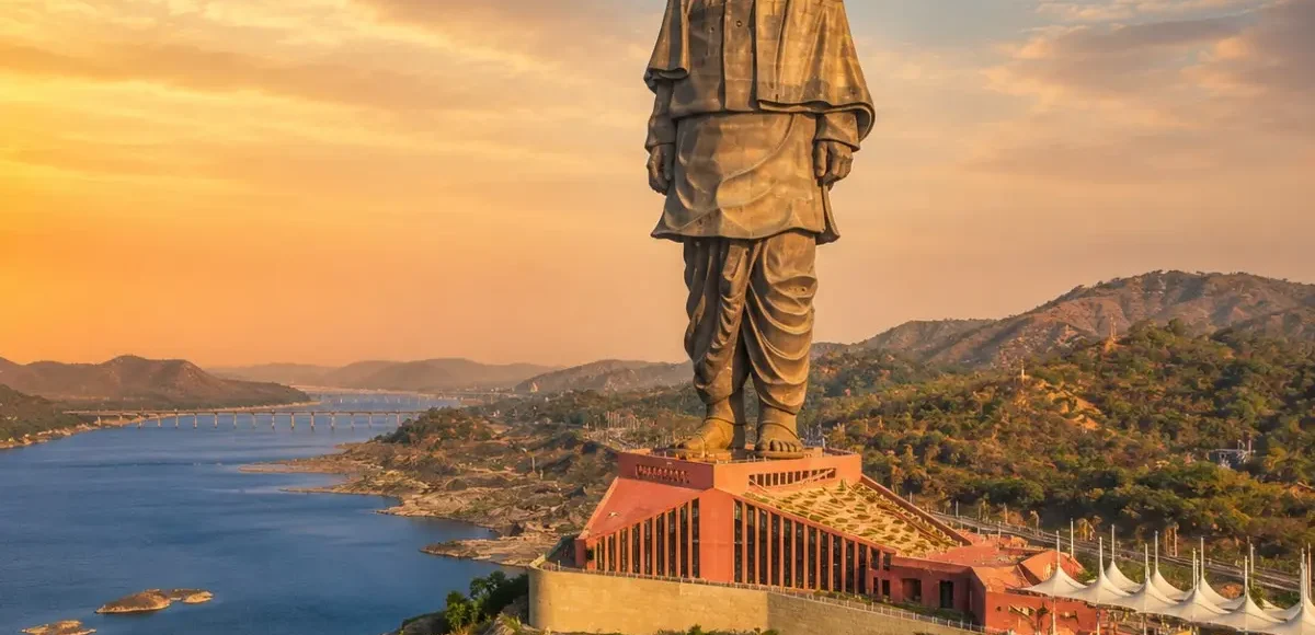 Ahmedabad Vadodara Statue of Unity Tour Package featuring Statue of Unity, Laxmi Vilas Palace, Sabarmati Ashram, Sardar Sarovar Dam and Sayaji Baug.