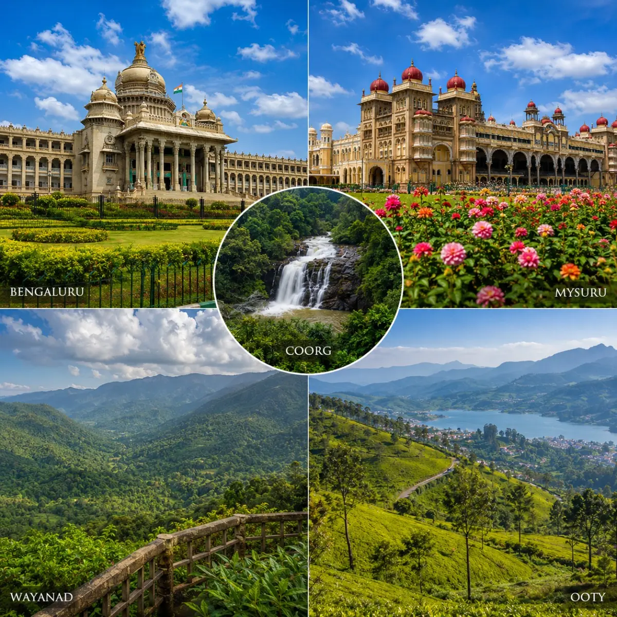 Bengaluru, Mysuru, Coorg, Wayanad & Ooty Tour Package featuring Mysore Palace, Coorg coffee estates, Wayanad waterfalls and Ooty tea gardens