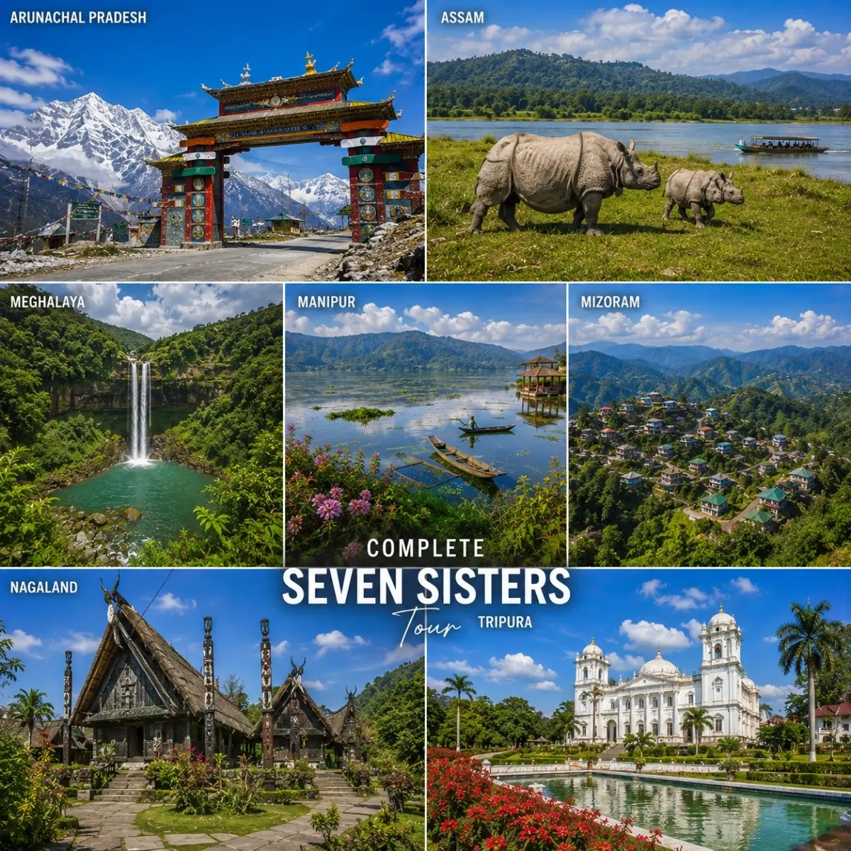 Complete Seven Sisters Tour Package featuring Assam, Meghalaya, Arunachal Pradesh, Nagaland, Manipur, Mizoram and Tripura